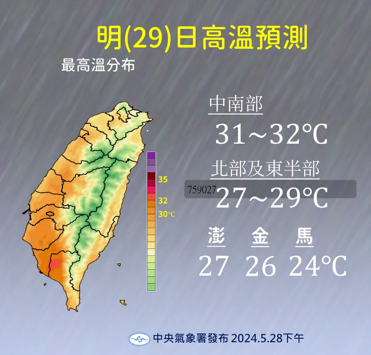 明天高溫預測。氣象署提供