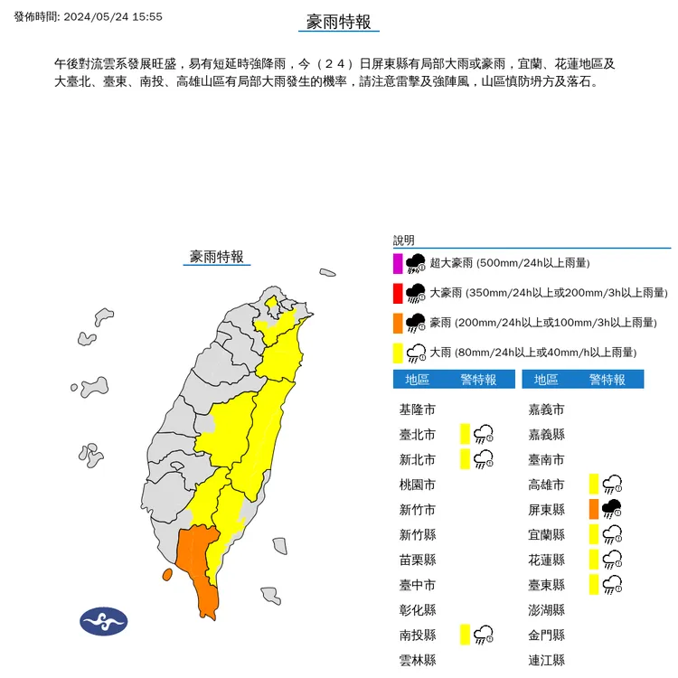 8縣市豪、大雨特報。氣象署提供