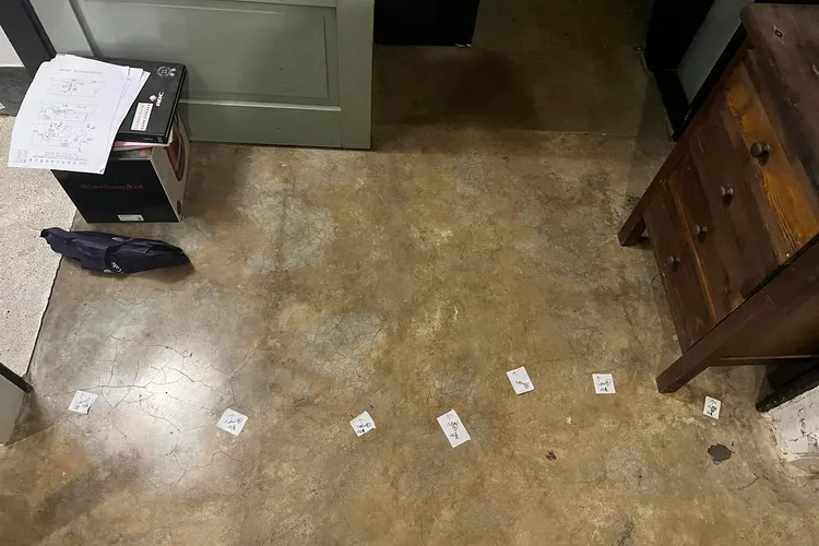 地面每新增裂痕，就貼白紙紀錄，越到後期越頻繁。住戶提供