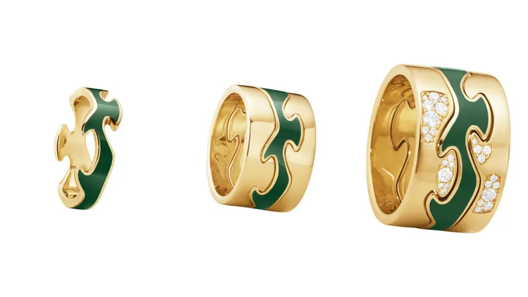 FUSION HYCERAM陶瓷系列珠寶，18K 黃金、HYCERAM綠色陶瓷、鑽石，（左起）4萬1000元起、12萬3000元起、17萬7800元起。品牌提供