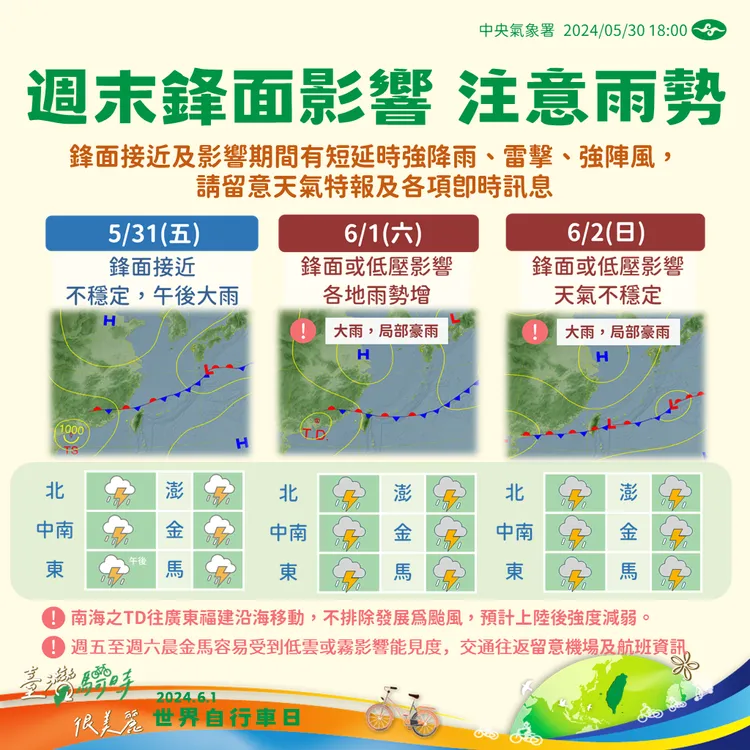 週末天氣概況。翻攝自「報天氣-中央氣象署」臉書