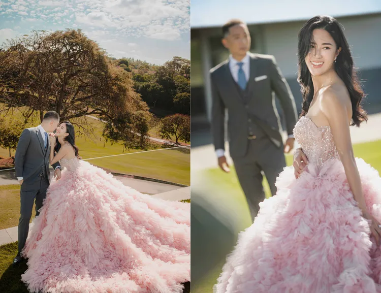 LinLi Boutique嬰粉橘澎裙高級訂製銀河系列晚禮服。品牌提供