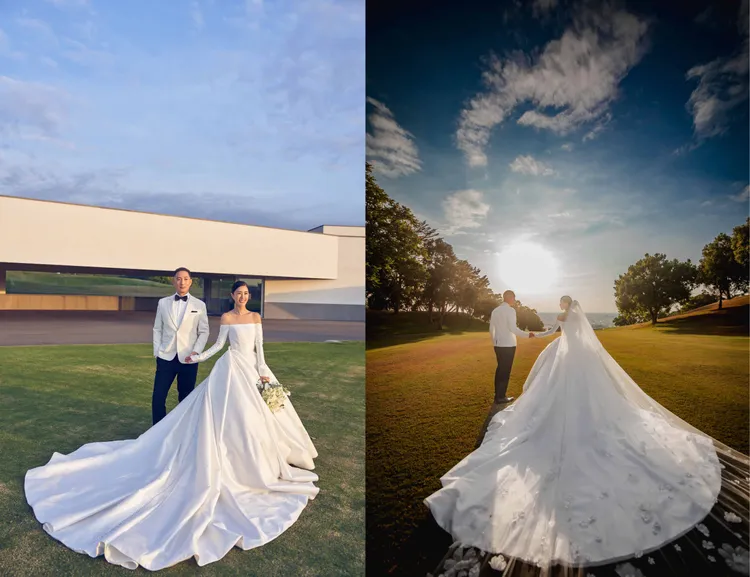 林莉婚紗為譚以欣訂製的一字領素緞白紗。品牌提供