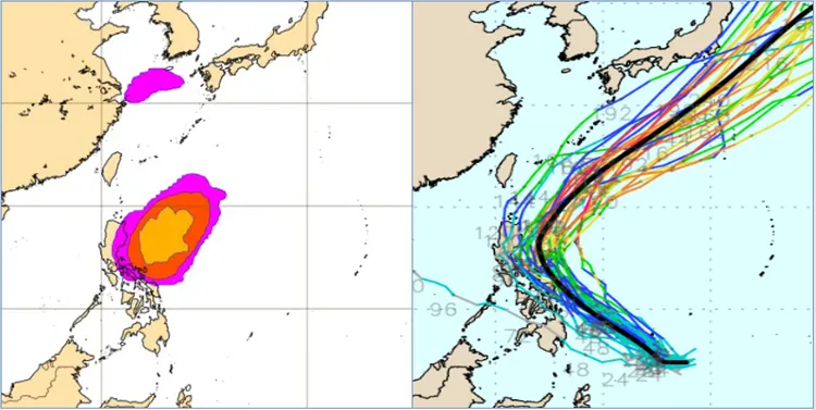 最新(21日20時)歐洲(ECMWF)系集模式，27日20時模擬圖(左圖)顯示，呂宋島東方約有20％輕颱生成機率。美國(GEFS)系集模式模擬圖(右圖)顯示，未來一週至10天，其動向先朝西北逐漸接近呂宋島，再向東北大迴轉遠離。氣象應用推廣基金會