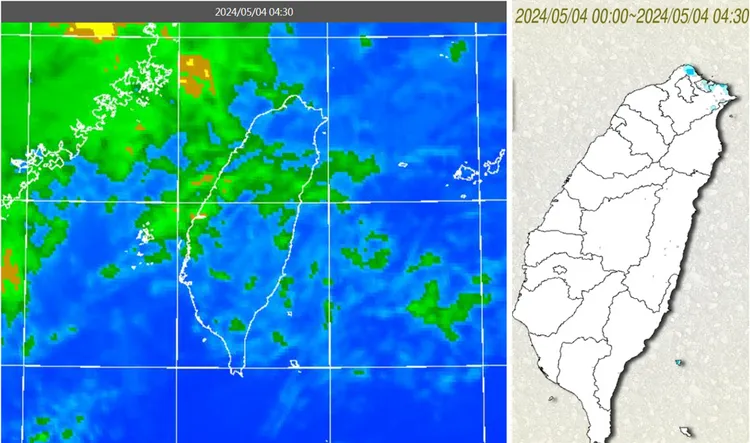 今（4）日清晨4時30分紅外線色調強化雲圖顯示，台灣上空雲層鬆散（左）；累積雨量圖顯示，北海岸有零星降雨（右）。氣象應用推廣基金會