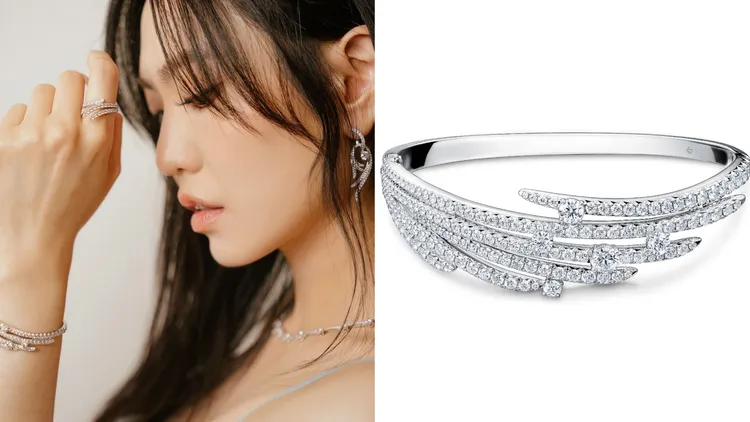 孫盛希戴上Hearts On Fire Vela白K金法式鑲嵌鑽石手鐲，126萬元起。左圖翻攝孫盛希IG、右圖品牌提供