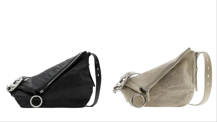 Burberry Knight中型黑色羔羊皮革騎士包（左）、小型迷霧色牛皮金屬按扣裝飾騎士包，各11萬5000元。品牌提供