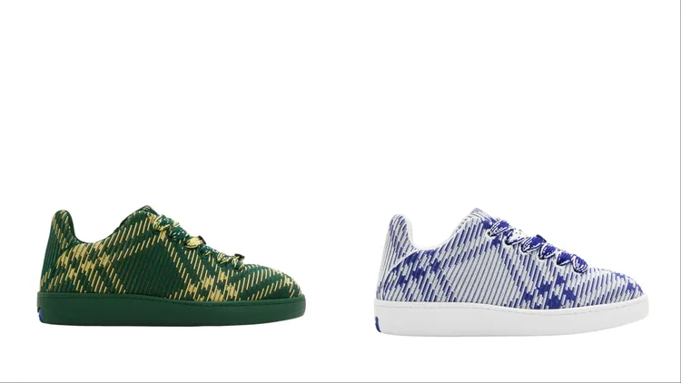 Burberry Box格紋針織運動鞋櫻草色（左）、鹽白色，各3萬2500元。品牌提供