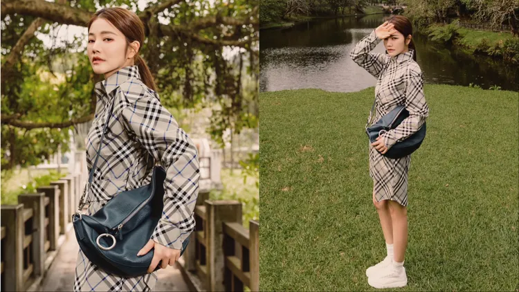 許路兒穿上格紋洋裝搭配湖泊色騎士包與Box運動鞋。翻攝許路兒IG