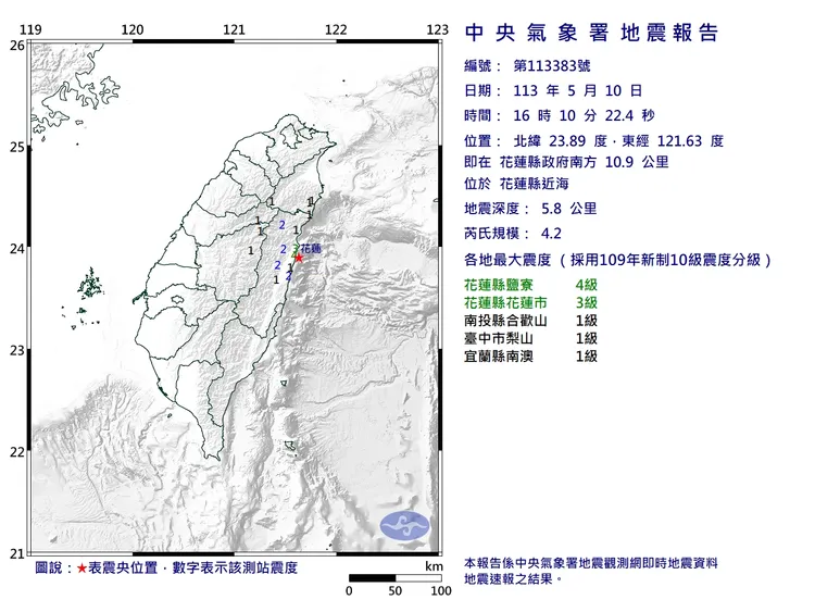 花蓮縣近海下午4時10分發生規模4.2、深度5.8公里的極淺層地震。氣象署提供