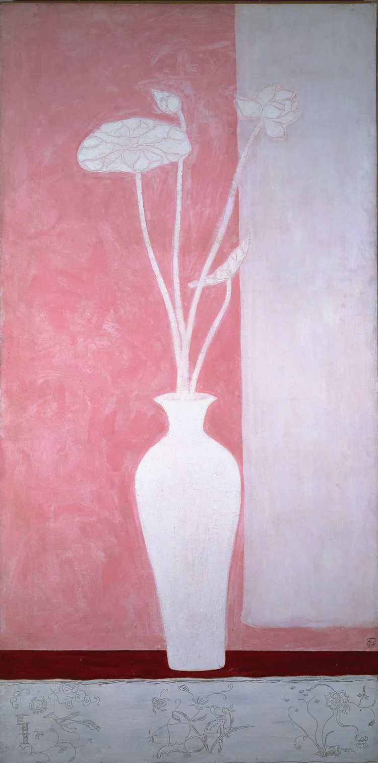 常玉早期作品《白蓮》，粉紅與白的用色，是常玉早期受浪漫主義影響的典型風格。富邦美術館提供