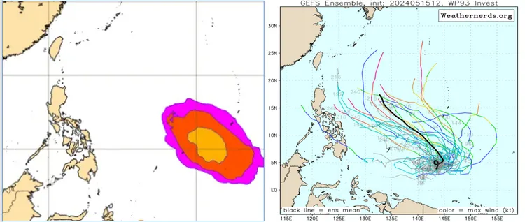 最新(15日20時)歐洲(ECMWF)系集模式模擬，22日20時輕颱生成機率圖顯示，菲律賓東方海面有「熱帶擾動」發展(左圖)。美國(GFES)系集模式亦有類似的模擬(右圖)，仍需持續觀察。氣象應用推廣基金會