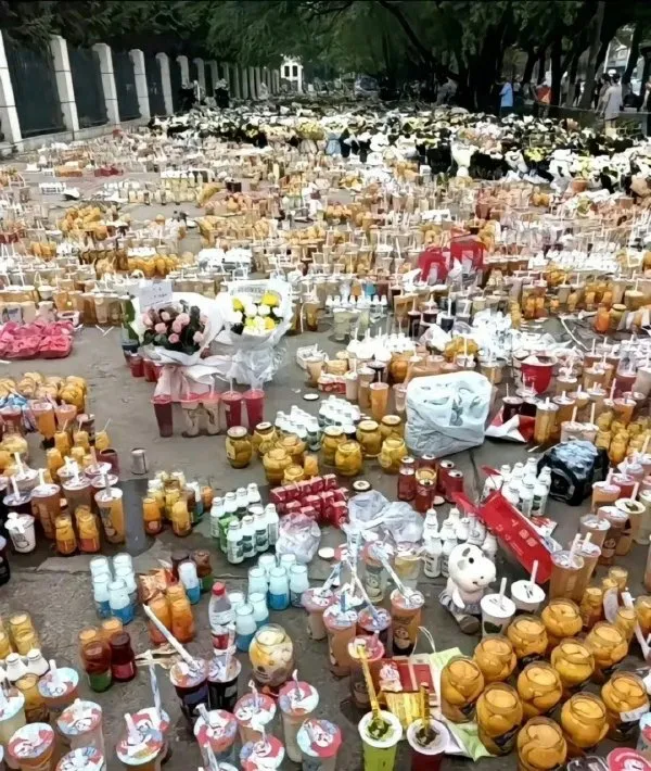 網友在橋上擺滿鮮花與食物悼念胖貓。翻攝南山秋橘微博