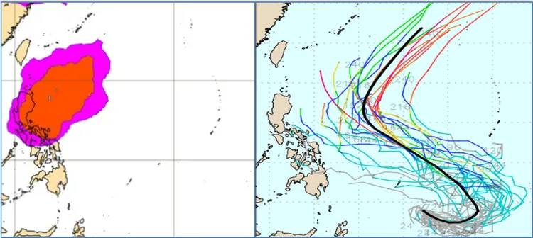 最新(18日20時)歐洲(ECMWF)系集模式(左圖)及美國(GEFS)系集模式(右圖)皆模擬，未來一週至10天，在菲律賓東方海面有「熱帶擾動」發展的機率。氣象應用推廣基金會