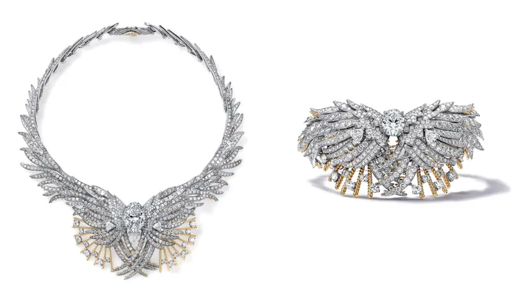 Tiffany 2024 Blue Book高級珠寶Tiffany Céleste飛羽凌空系列鉑金與18K黃金鑲嵌逾20克拉鑽石項鍊（左圖）、鉑金與18K黃金鑲嵌逾3克拉鑽石手環（右圖）。品牌提供