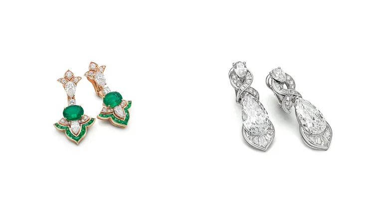 寶格麗頂級祖母綠與鑽石耳環（左圖）、頂級鑽石耳環（右圖）。品牌提供
