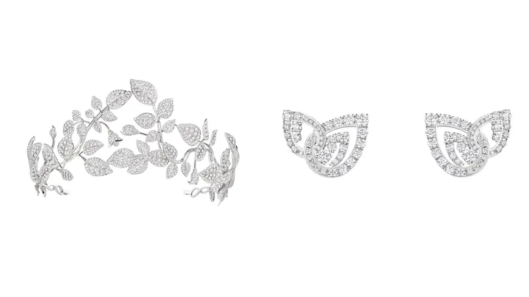 CHAUMET Mélodie Nacrée 18K白金冠冕（左圖）、Joséphine Duo Eternel 18K白金耳環（右圖）。品牌提供