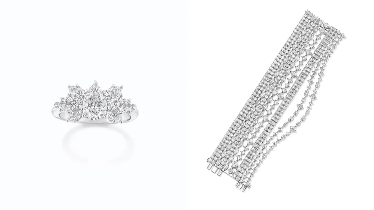 Harry Winston Cluster錦簇鑲嵌水滴型切工鑽石戒指（左圖）、Secret Combination系列鑽石手鍊（右圖）。品牌提供