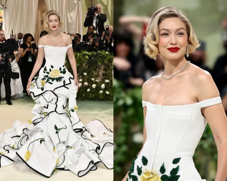 辣模Gigi Hadid以Thome Browne禮服搭配蕭邦Haute Joaillerie系列珠寶。左圖美聯社、右圖品牌提供