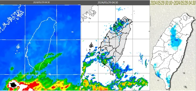 今(29日)晨4：30紅外線雲圖(左圖)顯示，台灣上空鋒面殘餘雲層消散中，伴隨零散的弱降水回波(中圖)及局部少量降雨(右圖)。氣象應用推廣基金會
