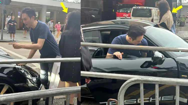 張智霖幫袁詠儀（箭頭處）放好戰利品後，兩人坐上車離開。翻攝芒果撈小萌主微博