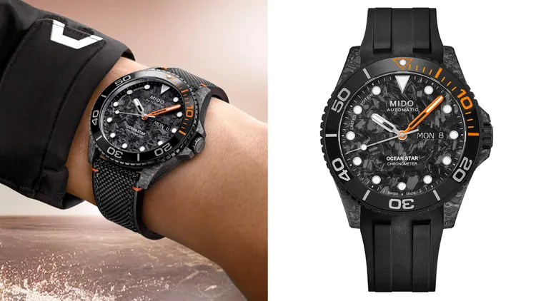 MIDO Ocean Star 200C Carbon海洋之星碳纖維200米陶瓷圈限量款腕錶，42.5mm，碳纖維複合材料錶殼，黑色及灰色碳纖維複合材料錶面，黑色橡膠錶帶，Caliber 80天文台認證自動上鍊機芯，動力儲存80小時，防水深度200米，全球限量200只，6萬9700元。品牌提供