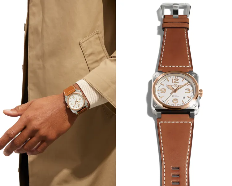 Bell & Ross BR 03 White Steel & Gold腕錶，41mm，緞面打磨及拋光不鏽鋼與18K玫瑰金錶殼，銀色蛋白石錶面，棕色小牛皮錶帶，Calibre BR-CAL.302-1 自動上鍊機芯，動力儲存54小時，防水深度100米，23萬5000元。品牌提供