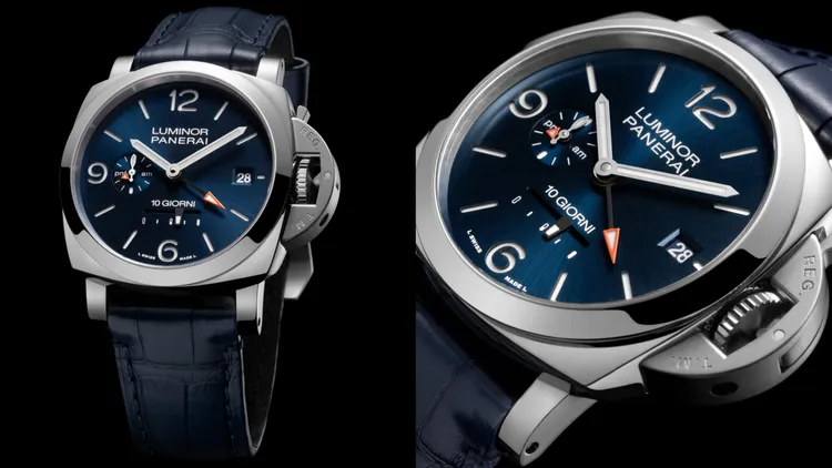 沛納海Luminor Dieci Giorni GMT（PAM01482）腕錶，44mm，拋光精鋼錶殼，藍色太陽放射紋三明治式錶面，深藍色鱷魚皮錶帶，P.2003 自動上鍊機械機芯，動力儲存10日，防水深度100米。品牌提供