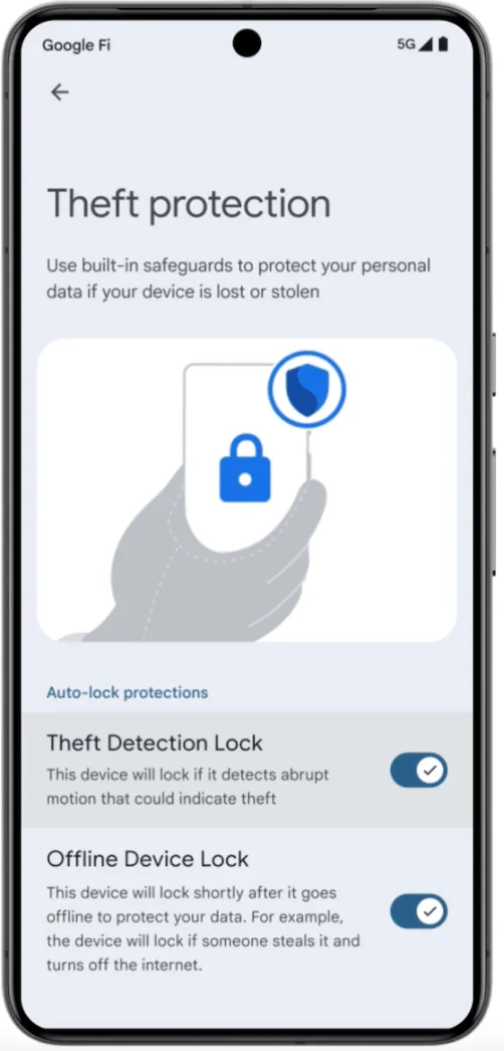 如果手機偵測到可能的偷竊動作，Android會透過AI鎖定裝置。Google提供。
