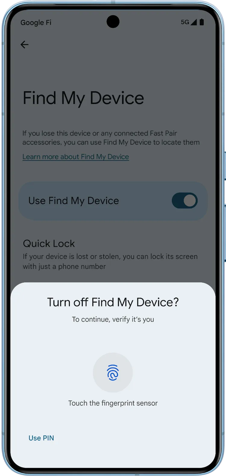 Android會要求使用者輸入PIN碼或透過生物特徵辨識驗證，保護隱私設定存取。Google提供。