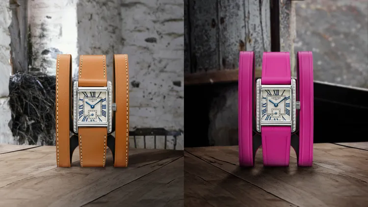 浪琴Mini Dolcevita迷你多情系列雙圈皮革腕錶鑲鑽款，21.5mm*29mm，長方形不鏽鋼錶殼鑲嵌38顆Top Wesselton鑽石，flinqué飾紋錶盤，焦糖/粉色Nappa皮革錶帶，L178石英機芯，防水深度30米，各12萬2300元。品牌提供