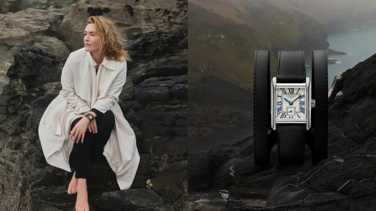 凱特溫絲蕾演繹浪琴全新Mini Dolcevita迷你多情系列雙圈皮革腕錶，21.5mm*29mm，長方形不鏽鋼錶殼，銀色flinqué飾紋錶面，黑色Nappa皮革錶帶，L178石英機芯，防水深度30米，5萬3400元。品牌提供