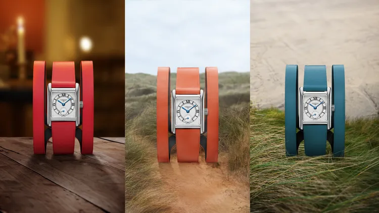 浪琴Mini Dolcevita迷你多情系列雙圈皮革腕錶，21.5mm*29mm，長方形不鏽鋼錶殼，Cosmo面盤，土耳其藍/紅/橘色Nappa皮革錶帶，L178石英機芯，防水深度30米，各5萬3400元。品牌提供