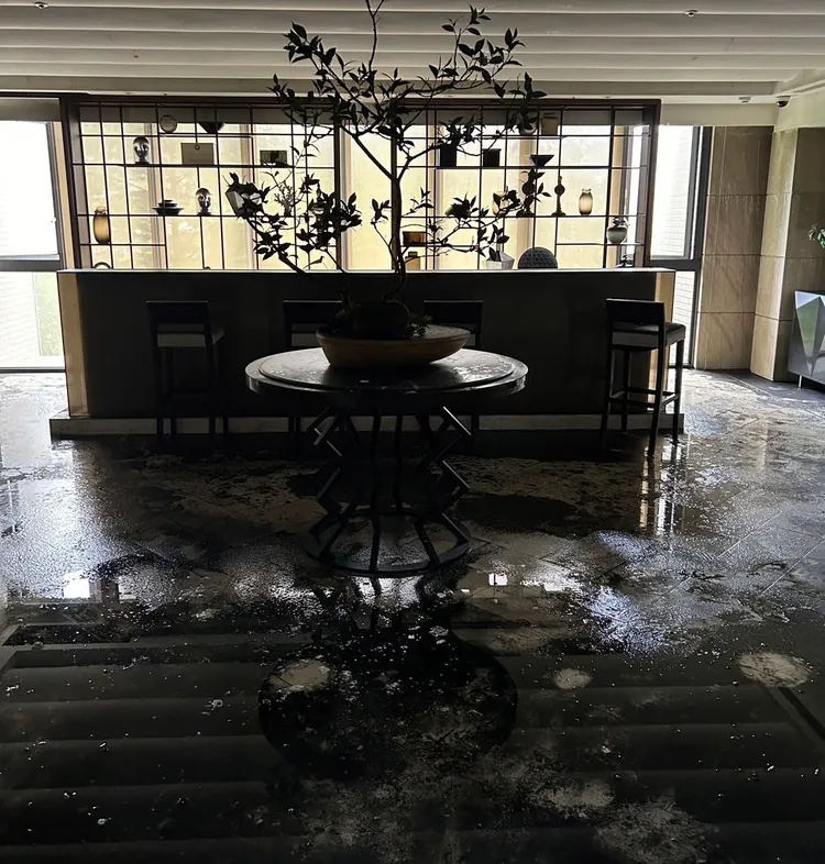 晴空匯的大廳與公共設施也被燻黑佈滿黑水。民眾提供