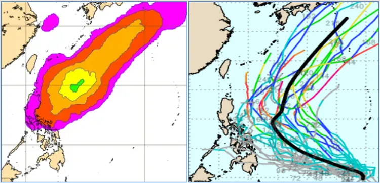 最新(19日20時)歐洲(ECMWF)系集模式(左圖)及美國(GEFS)系集模式(右圖)皆模擬，未來一週至10天，在菲律賓東方海面有「熱帶擾動」發展的機率。氣象應用推廣基金會