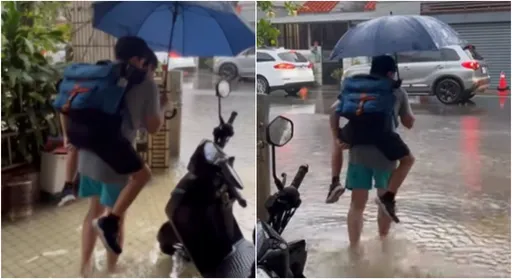 暴雨水淹小腿肚！苗栗父背兒上學　居民怨：10次有5次淹