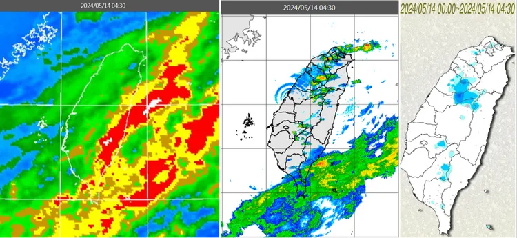 今(14日)晨4：30紅外線色調強化雲圖顯示，各地雲層仍多(左圖)；4：30雷達回波合成圖顯示，雲層伴隨局部降水回波(中圖)；4：30累積雨量圖顯示，北部及部分山區有局部降雨(右圖)。氣象應用推廣基金會