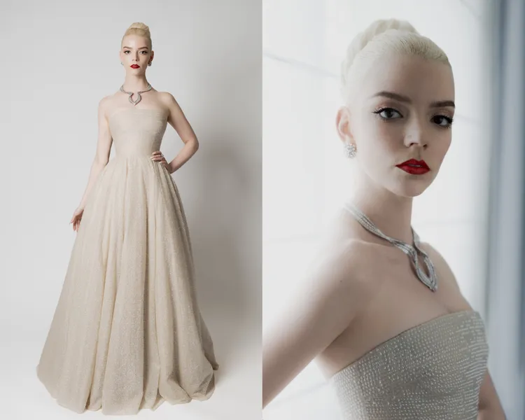 安雅泰勒喬伊身著DIOR高級訂製米色刺繡薄紗禮服搭配同色薄紗襯裙現身坎城影展。品牌提供