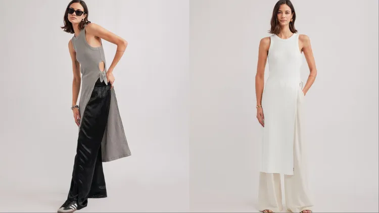 CONNIE華夫格側綁帶開衩洋裝，各5480元。品牌提供