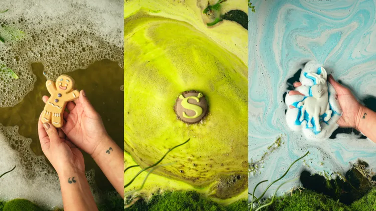 LUSH小薑薑泡泡浴芭（左）480元；史瑞克沼澤氣泡彈（中）510元；驢子氣泡彈（右）380元。品牌提供