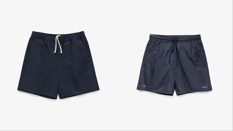 A.P.C. JJJJound深藍色短褲（左）1萬700元、深藍色環保材質短褲（右）8100元。品牌提供