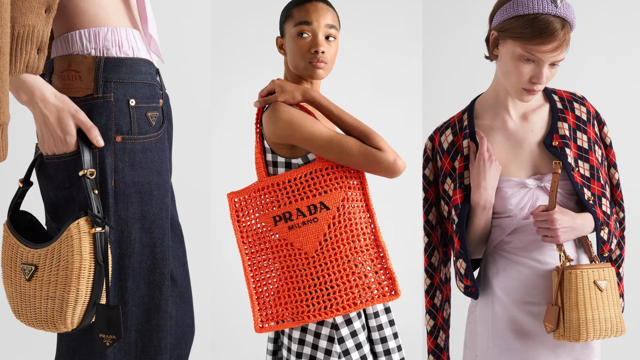 PRADA夏日系列擁有多種編織包款,(左起)Arqué鉤織半月形肩背包7萬8000元、鉤織托特包6萬9000元、Panier藤枝包款8萬6000元。品牌提供