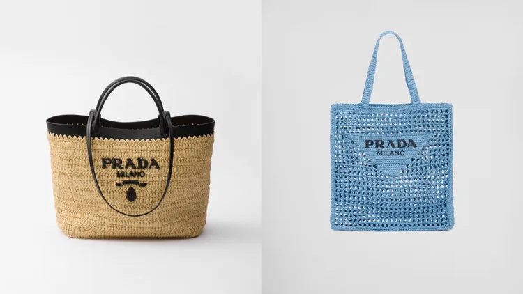 PRADA鉤織皮革托特包（左）7萬8000元、鉤織托特包（右）6萬9000元。品牌提供