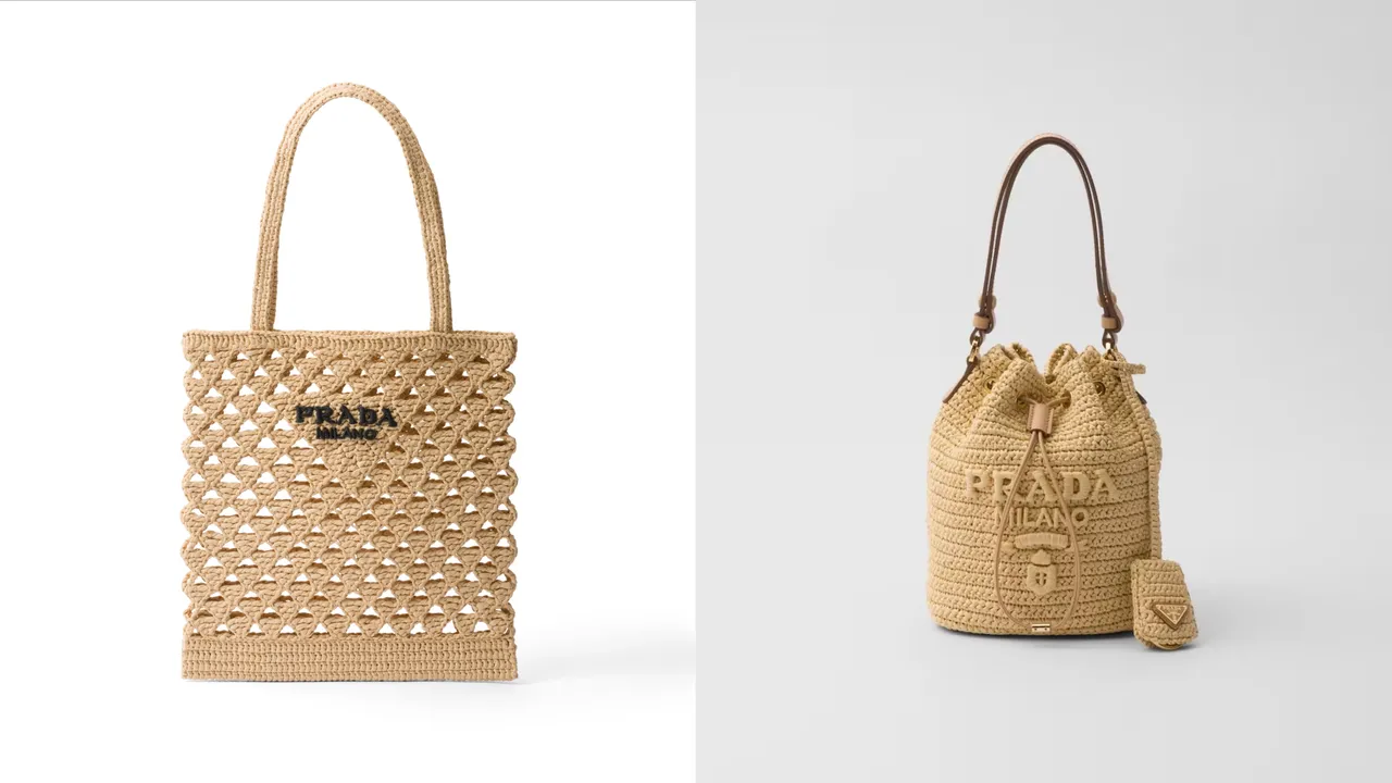 PRADA鉤織手提包(左) 6萬3000元、鉤織皮革水桶包(右)8萬2000元。品牌提供