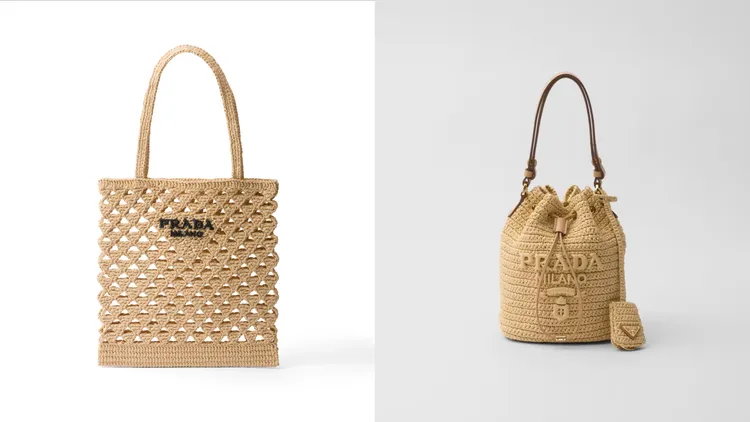 PRADA鉤織手提包（左） 6萬3000元、鉤織皮革水桶包（右）8萬2000元。品牌提供