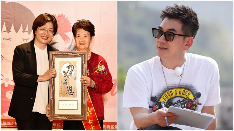任賢齊84歲的媽媽蕭梨女士（右）獲選今年彰化模範母親，彰化縣長王惠美上午頒獎表揚。彰化縣政府提供