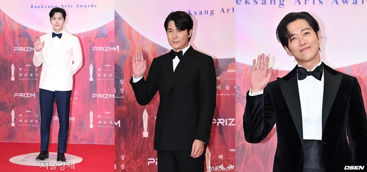 金宣虎（左圖起）黑白配，鄭雨盛、南宮珉都選擇黑色西裝。翻攝首爾體育、xportsnews、OSEN