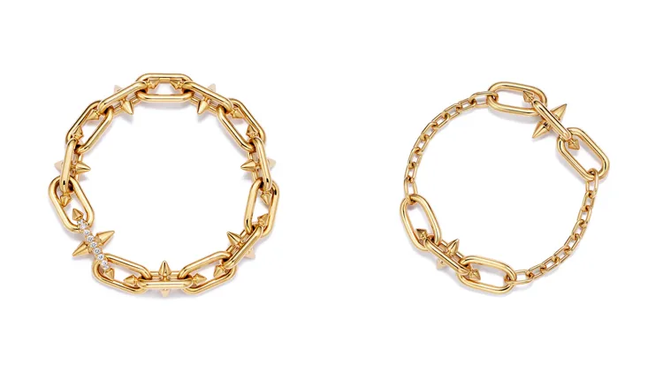 Tiffany Titan by Pharrell Williams系列，（左）18K黃金鑽石手鍊中型款；（右）18K黃金鍊結手鍊中型款。品牌提供
