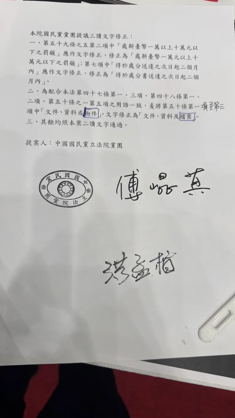 國民黨團突然提出的文字修正案。林楚茵提供