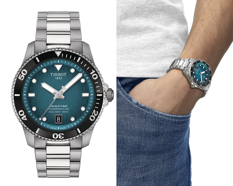 TISSOT海星系列 40mm自動款腕錶綠松石，2萬3600元。品牌提供